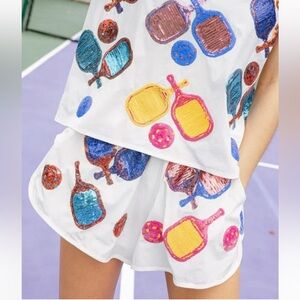 QUEEN OF SPARKLES White Pickle Ball Cotton Shorts Colorful Size Large